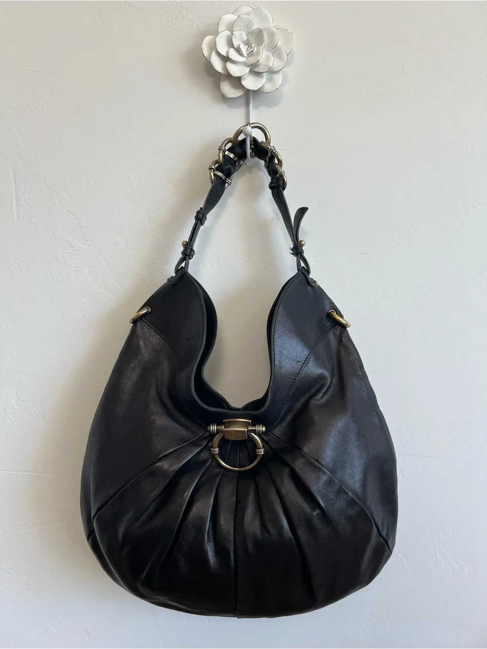 Authentic Ferragamo Black Butter Leather Hobo Shoulder Bag